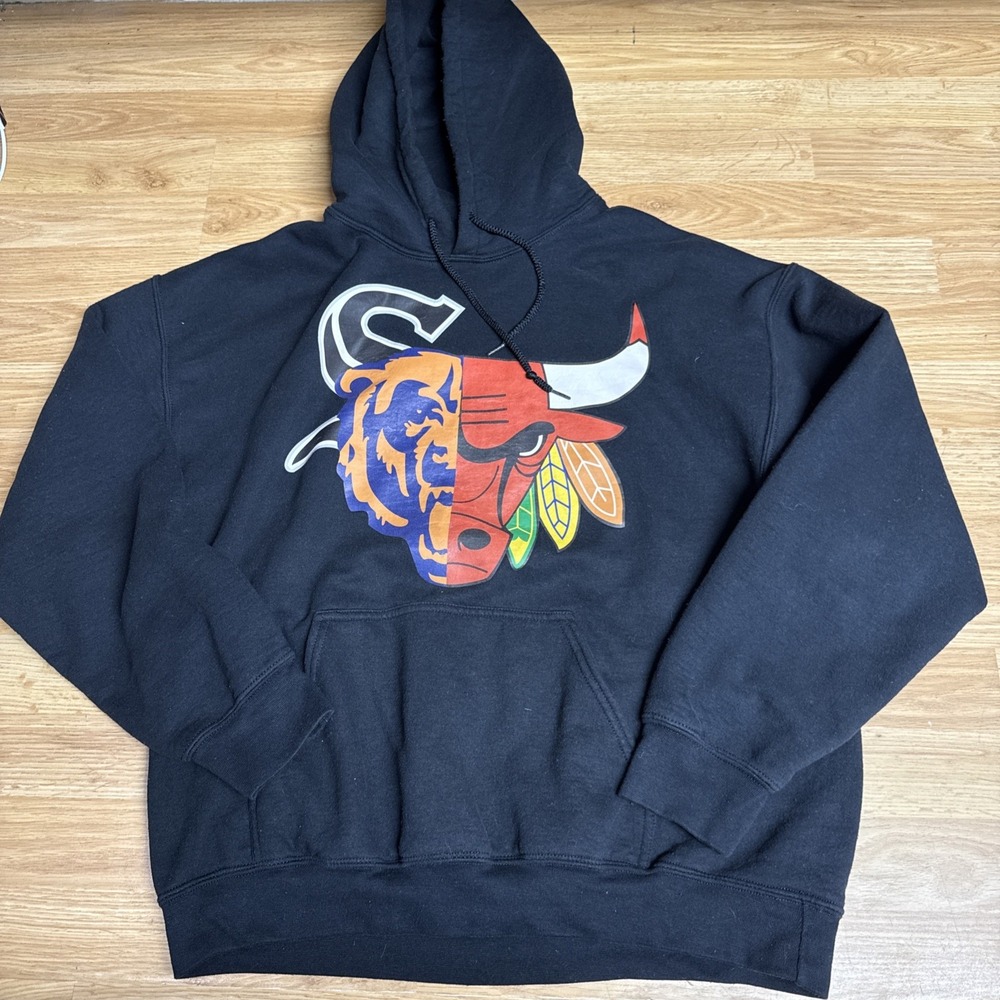Chicago Sports Team Mashup Gildan‎ Mens  Custom Sweatshirt Black Hoodie Large